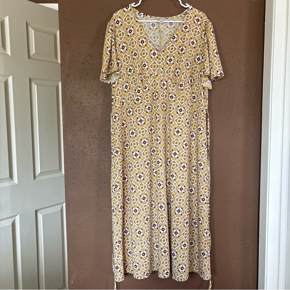 Cato Yellow Geometric Floral Tile Print V-Neck Midi  18/20W